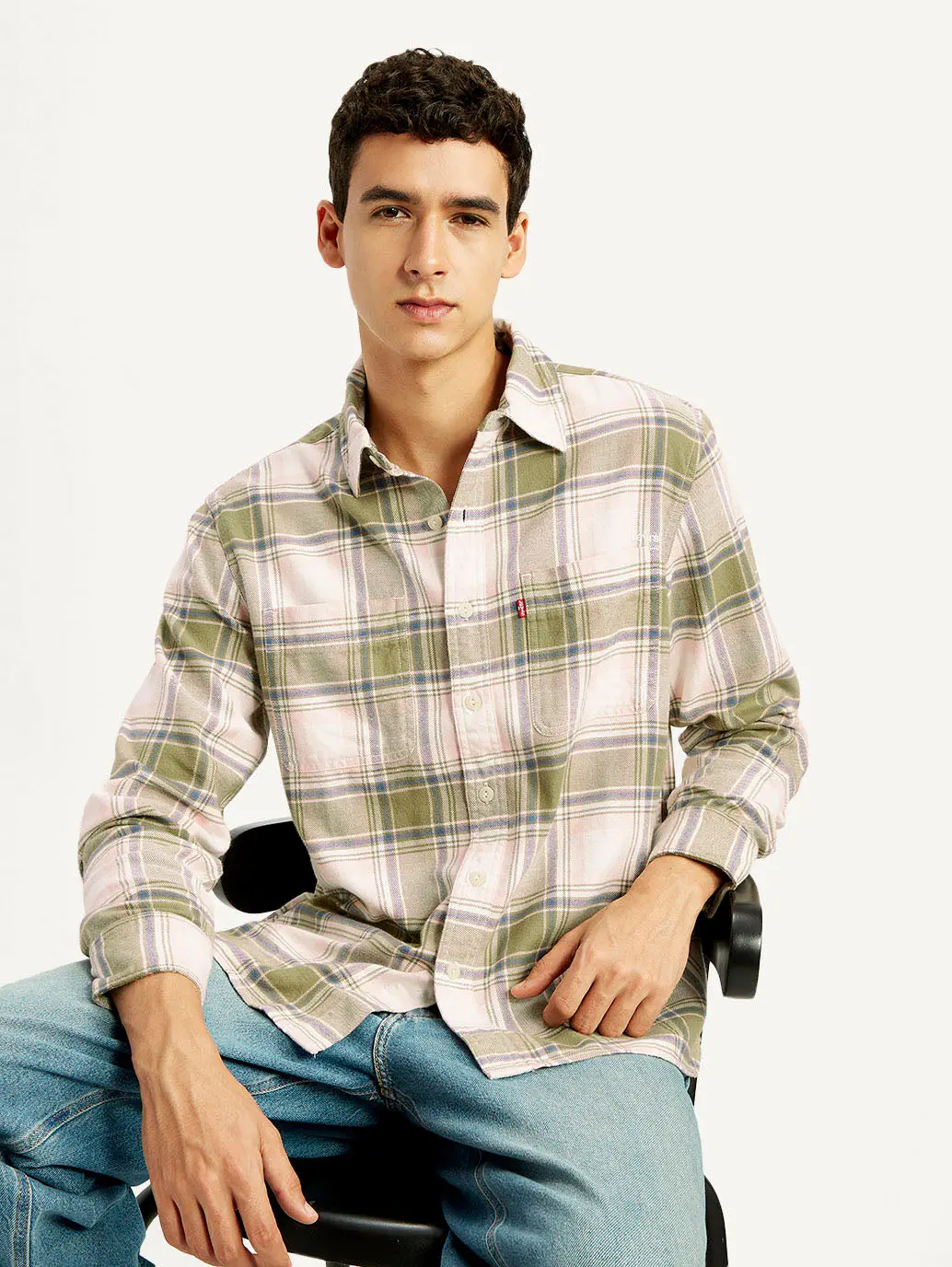Men's Plaid Khaki Spread Collar Flannel Shirt 1