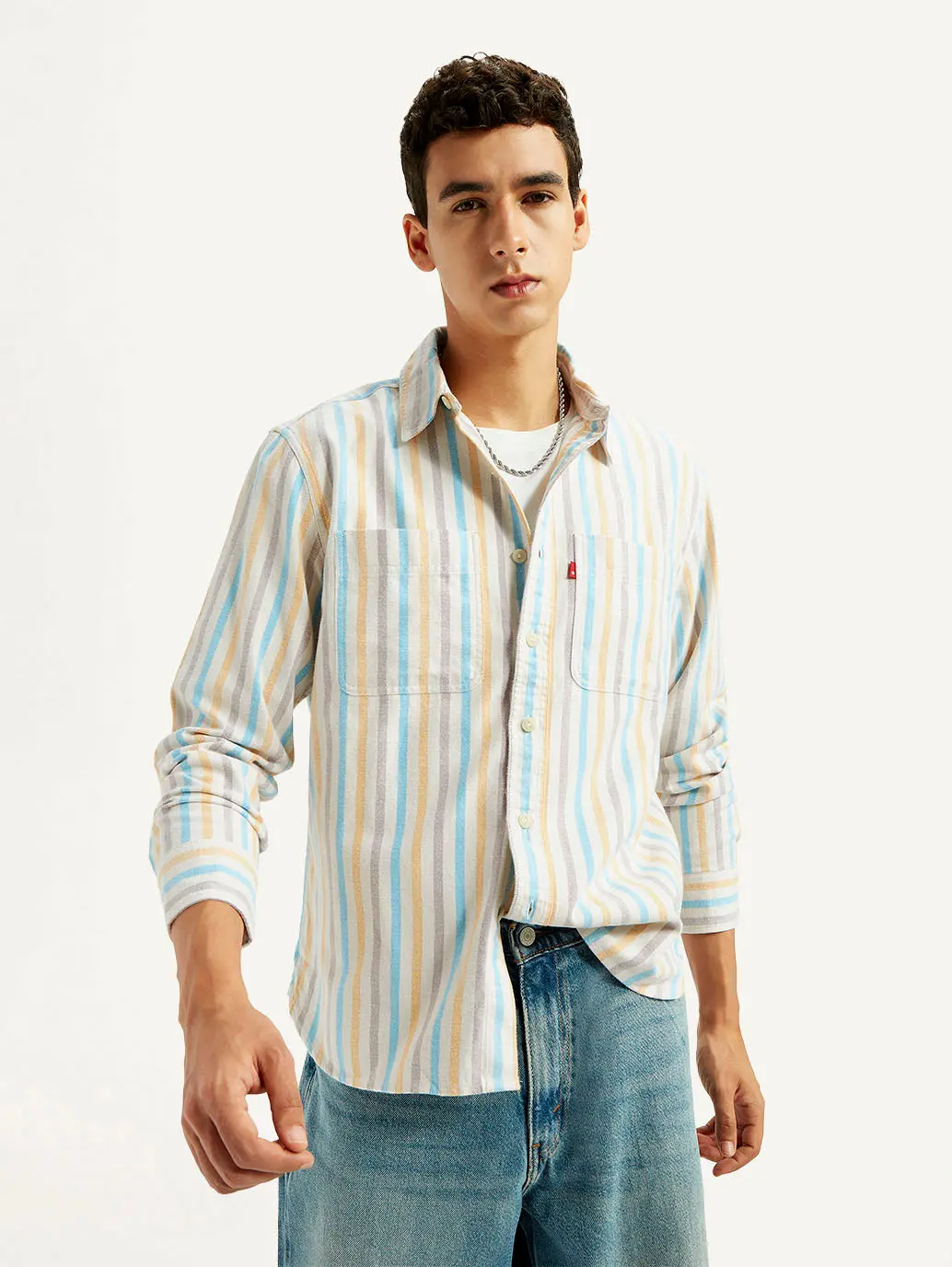 Men's Striped Multi Color Spread Collar Flannel Shirt 1