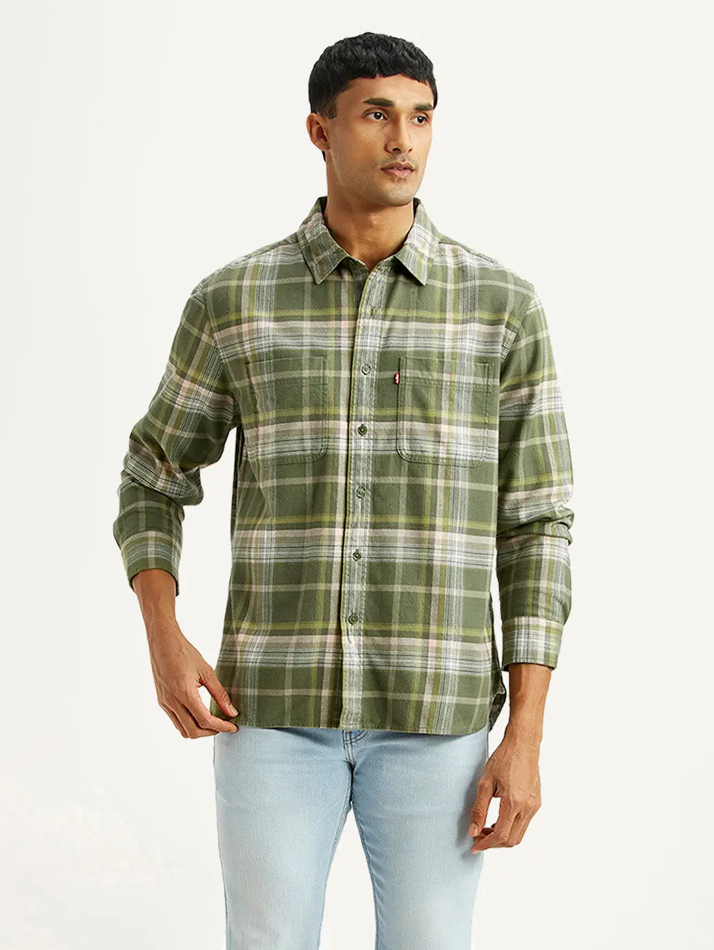 Men's Checkered Olive Relaxed Fit Flannel Shirt 1