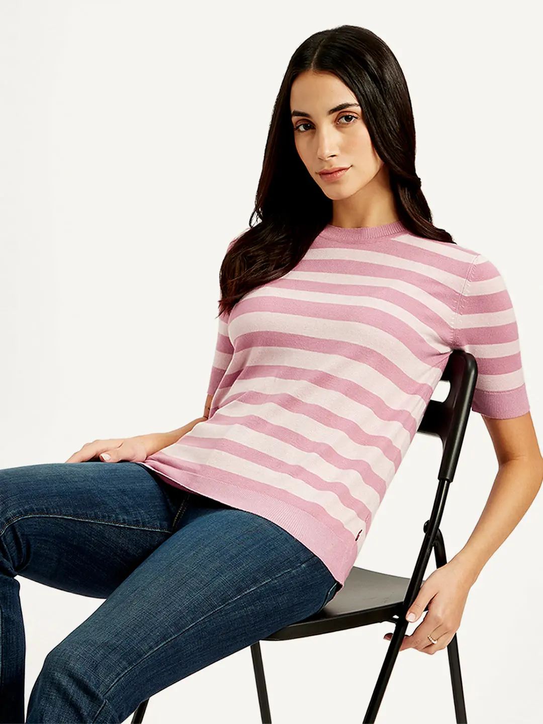 Women's Striped Pink Crew Neck Top 1