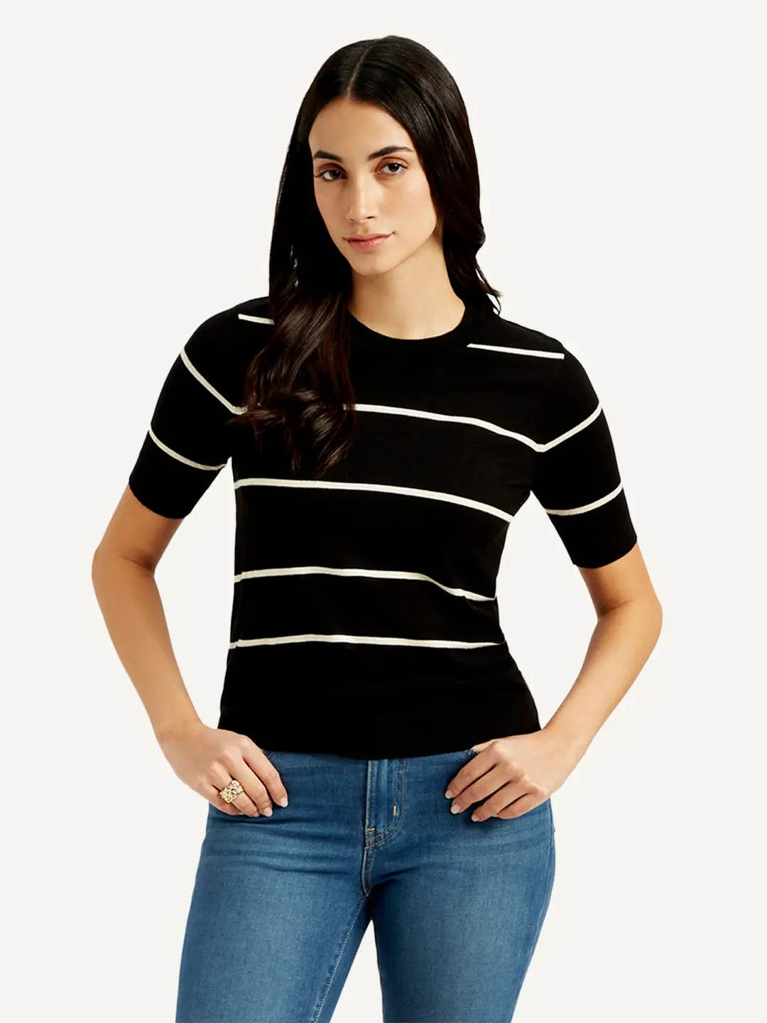 Women's Striped Black Crew Neck Top 1
