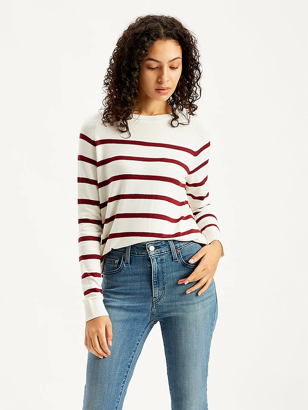Women's Striped White Crew Neck Sweater 1