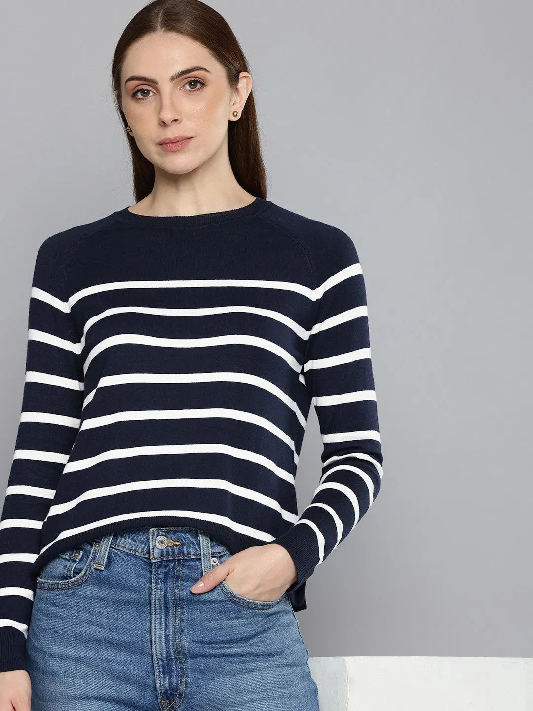 Women's Striped Navy Crew Neck Sweater 1
