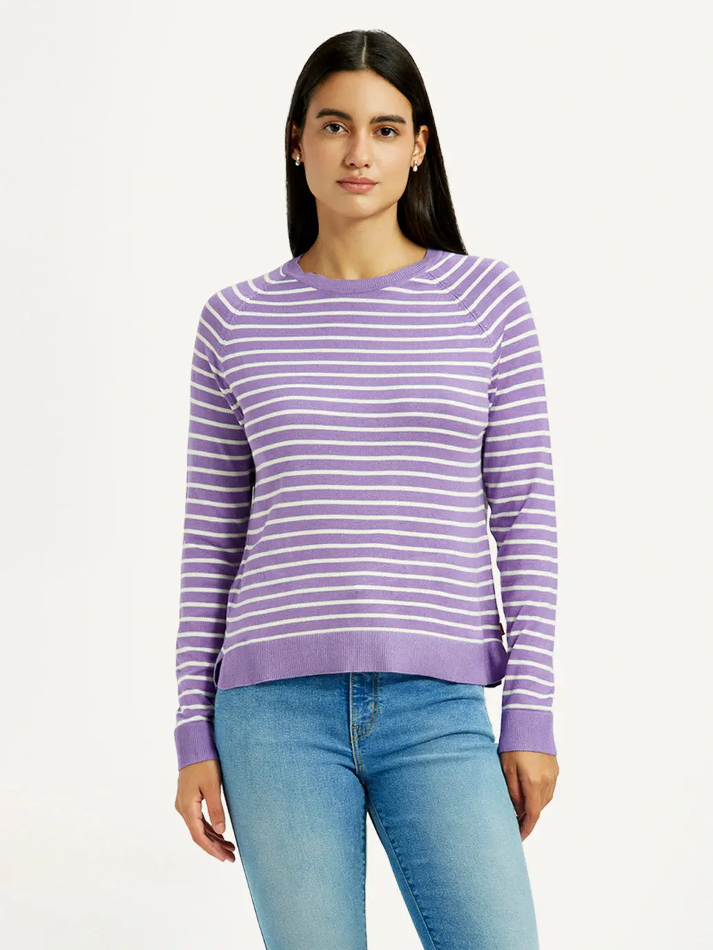 Women's Striped Lavender Crew Neck T-Shirt 1