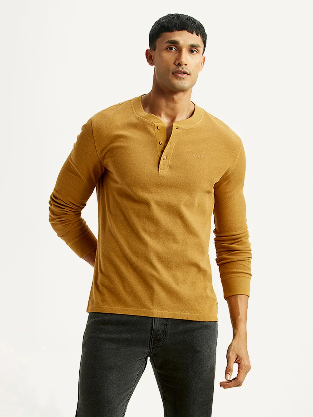 Men's Solid Mustard Henley Neck T-Shirt 1