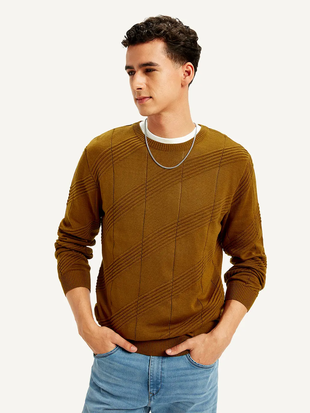 Men's Redloop Textured Brown Crew Neck Sweater 1