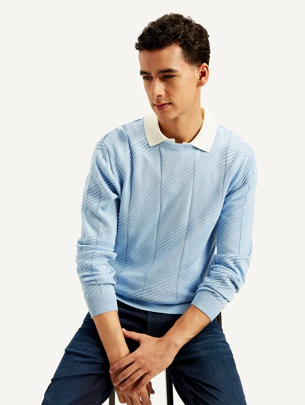 Men's Redloop Textured Light-Blue Crew Neck Sweater 1