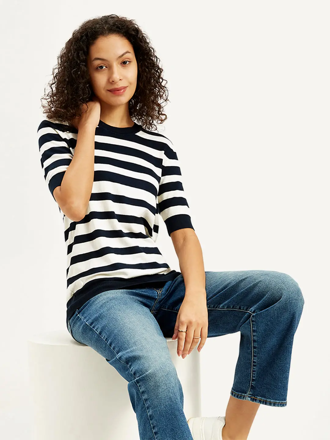 Women's Striped Black Crew Neck Sweater 1