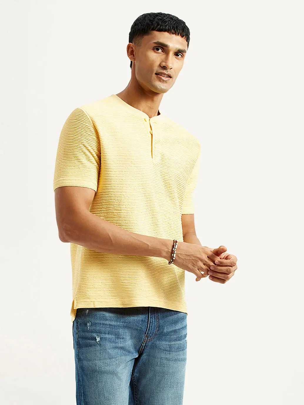 Men's Self Design Yellow Slim Fit T-Shirt 1