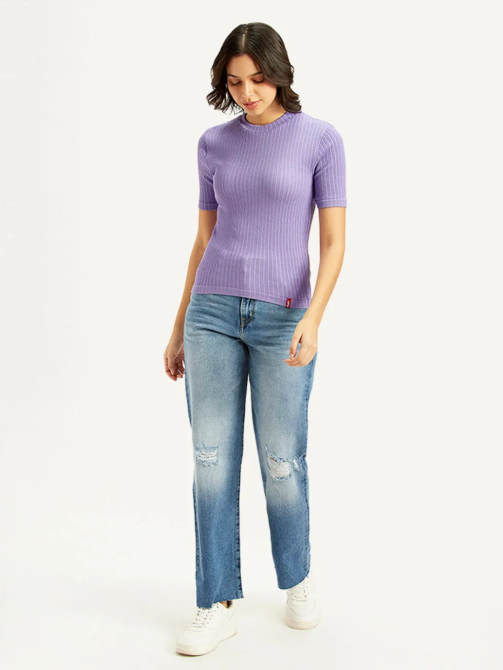 Women's Solid Lavender Crew Neck Top 1