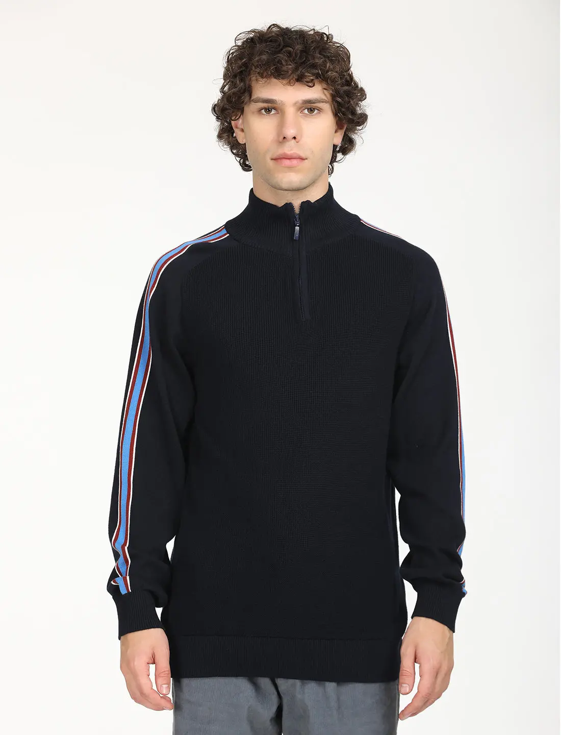 Men's Striped Navy High Neck Sweater 1
