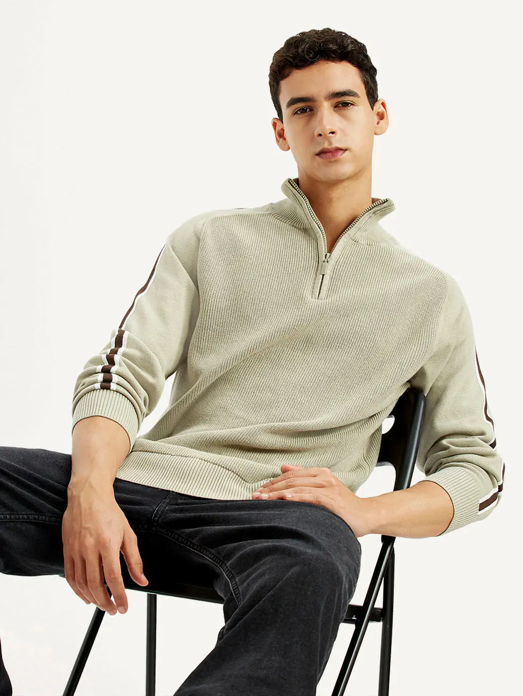 Men's Solid Beige Slim Fit Sweater 1