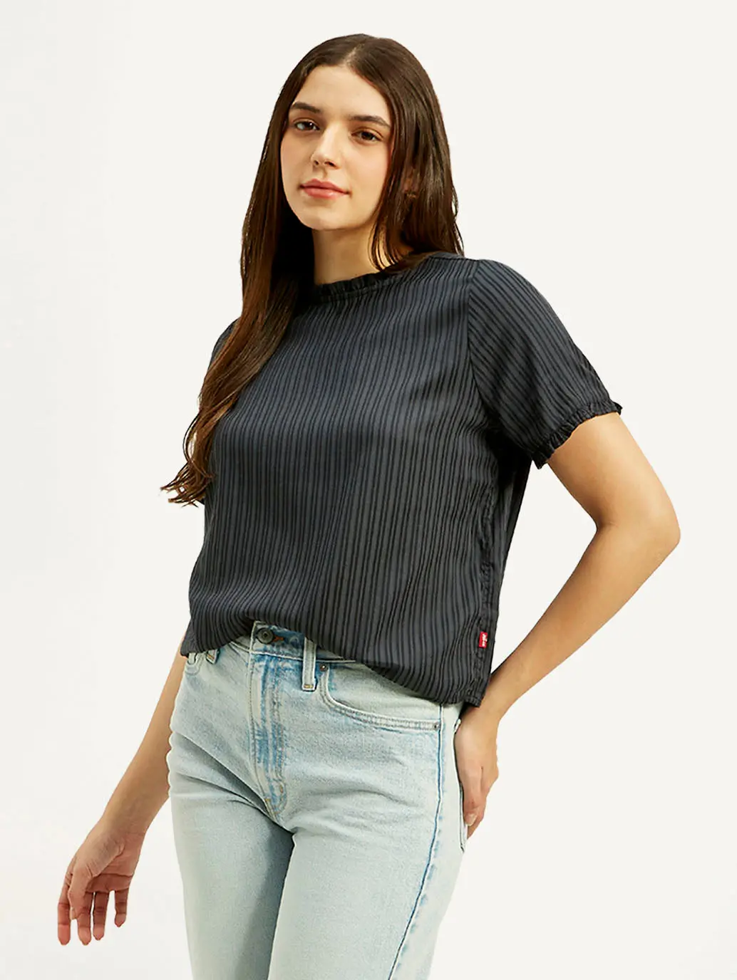 Women's Striped Charcoal Grey Collar Neck Top 1