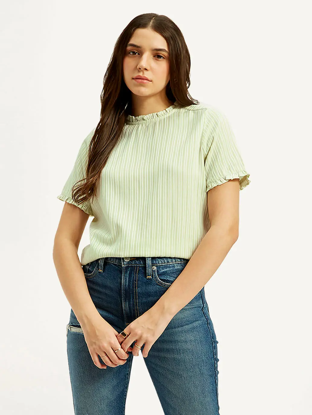 Women's Striped Light Green Collar Neck Top 1