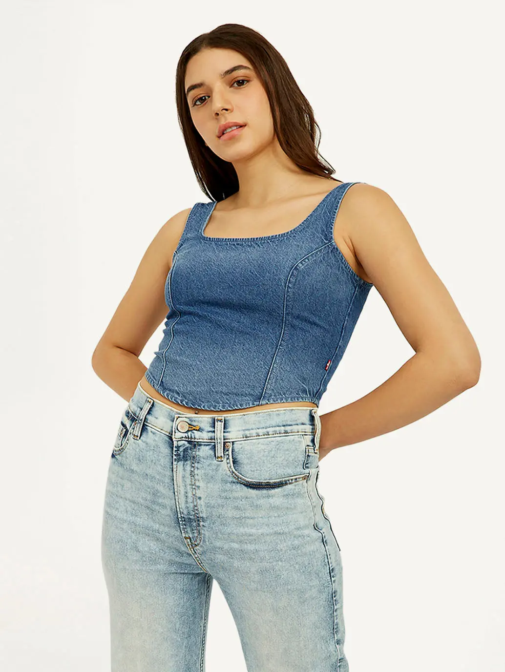 Women's Solid Blue Square Neck Denim Corset Top 1