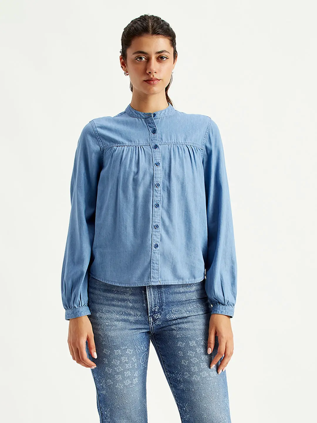 Women's Solid Blue Band Neck Top 1