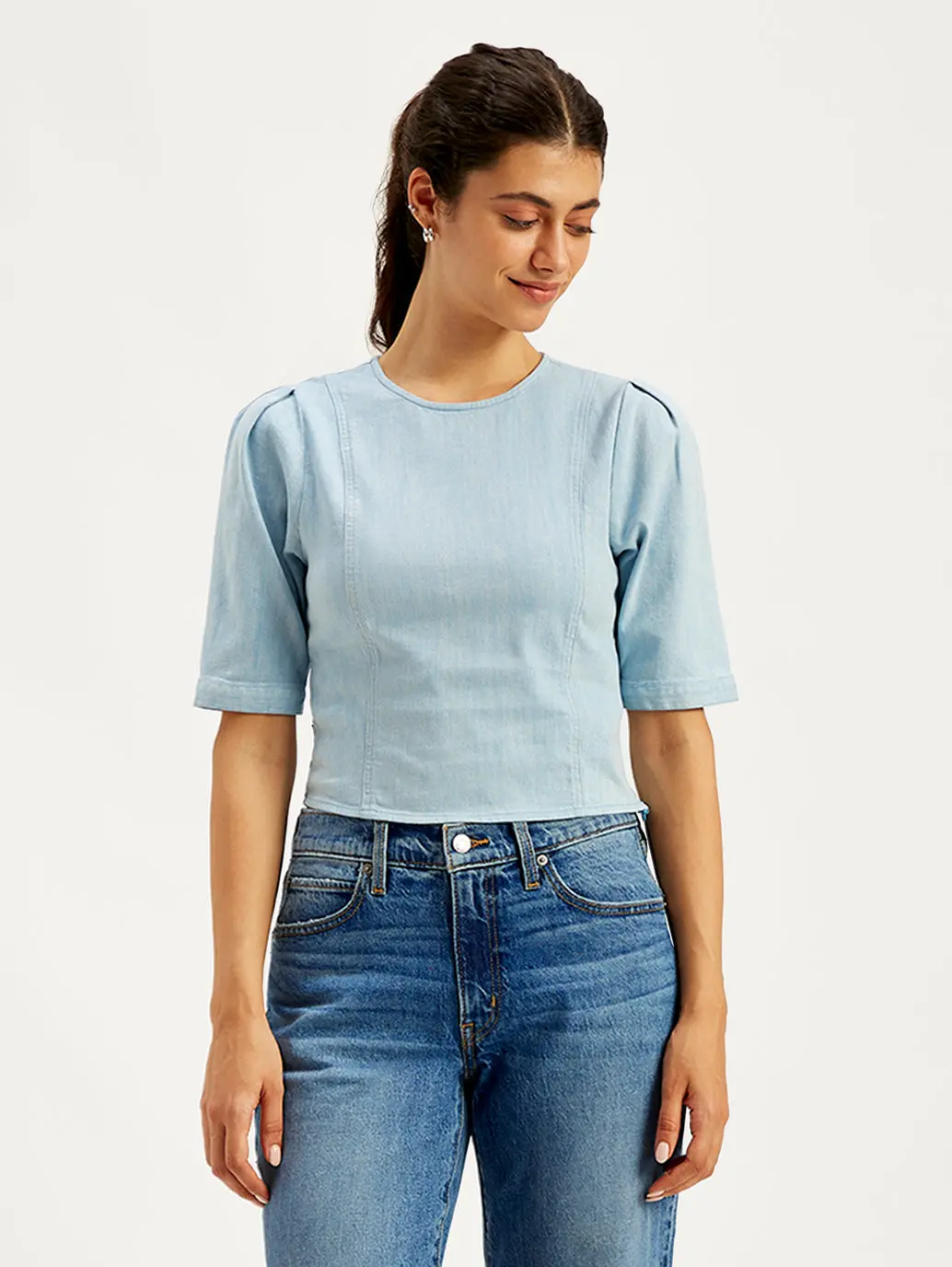 Women's Solid Light-Blue Round Neck Top 1