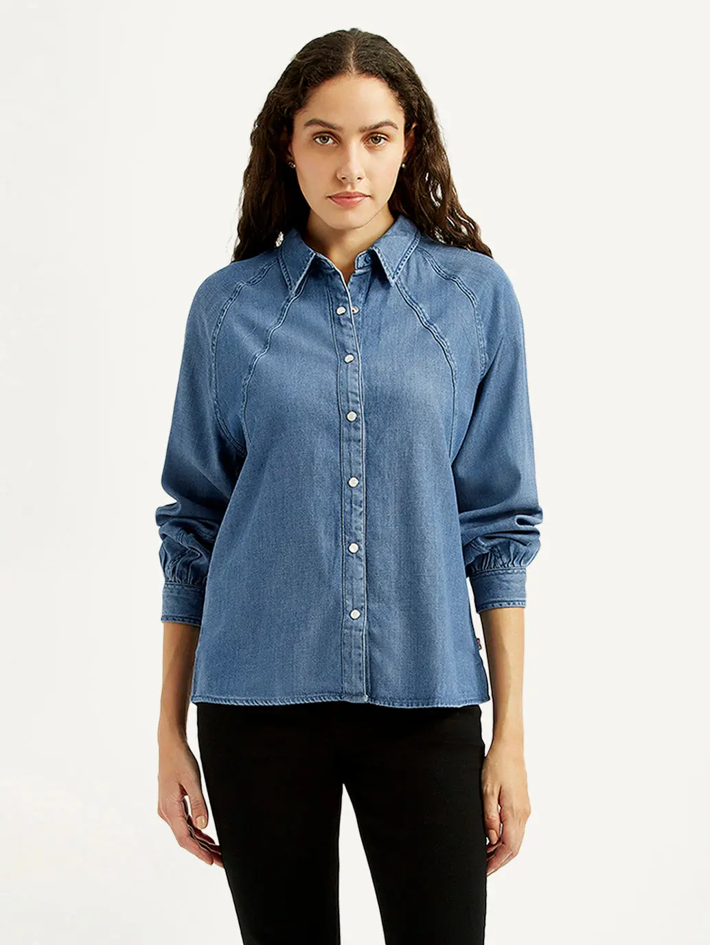 Women's Solid Blue Spread Collar Denim Shirt 1