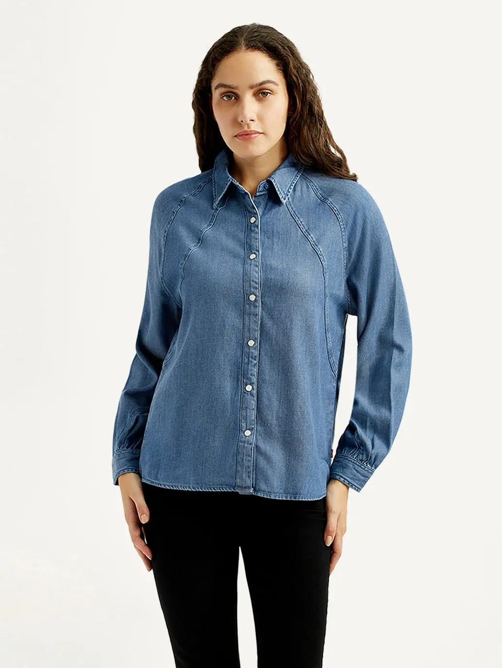 Women's Solid Blue Spread Collar Denim Shirt 3
