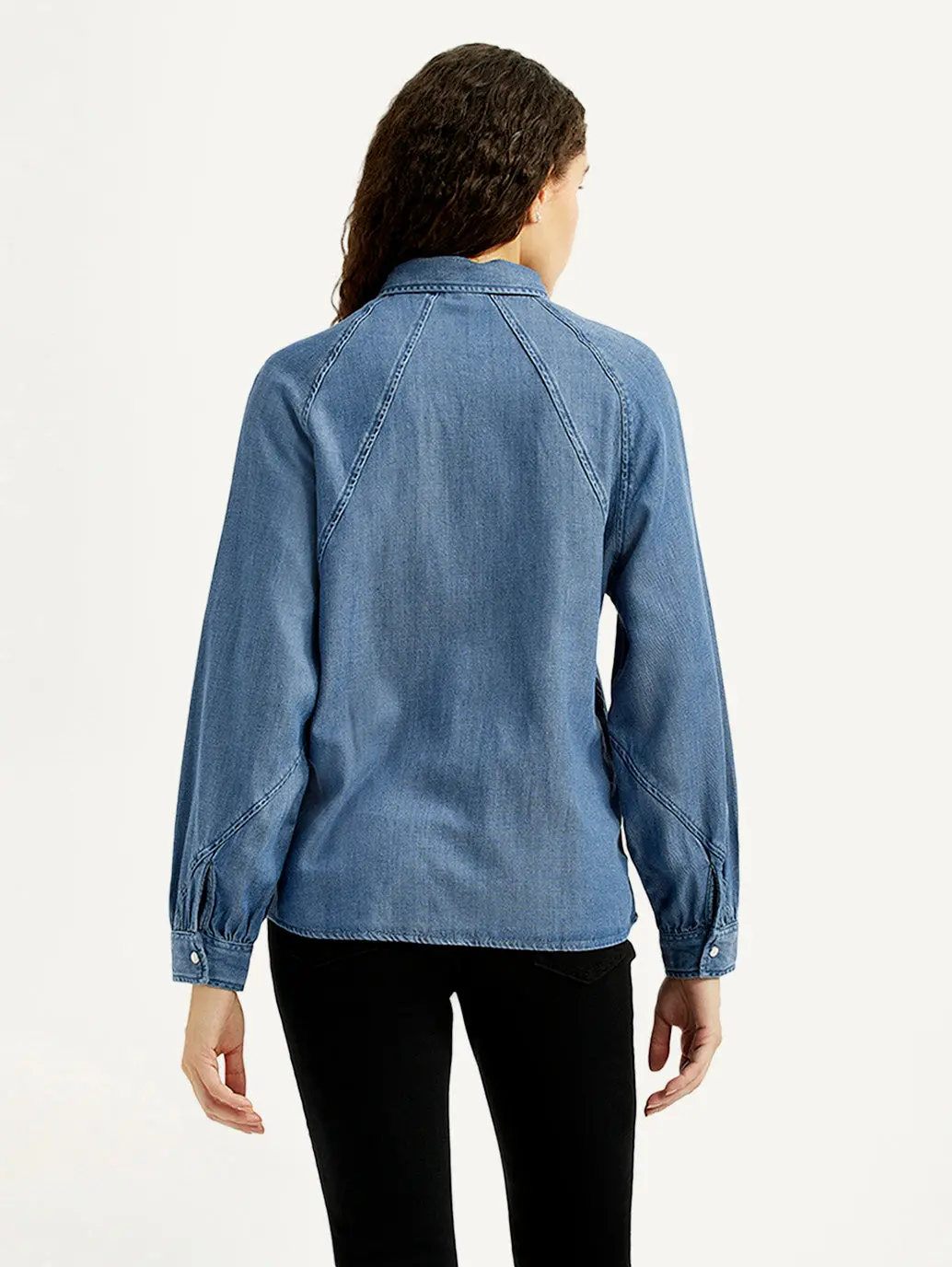 Women's Solid Blue Spread Collar Denim Shirt 2