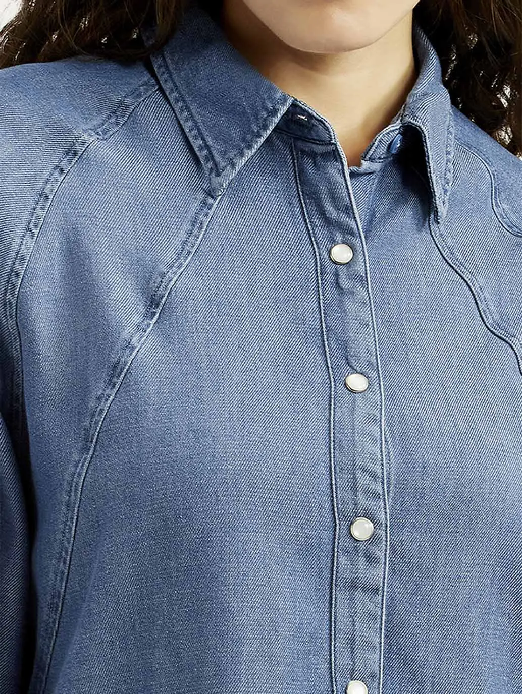 Women's Solid Blue Spread Collar Denim Shirt 4