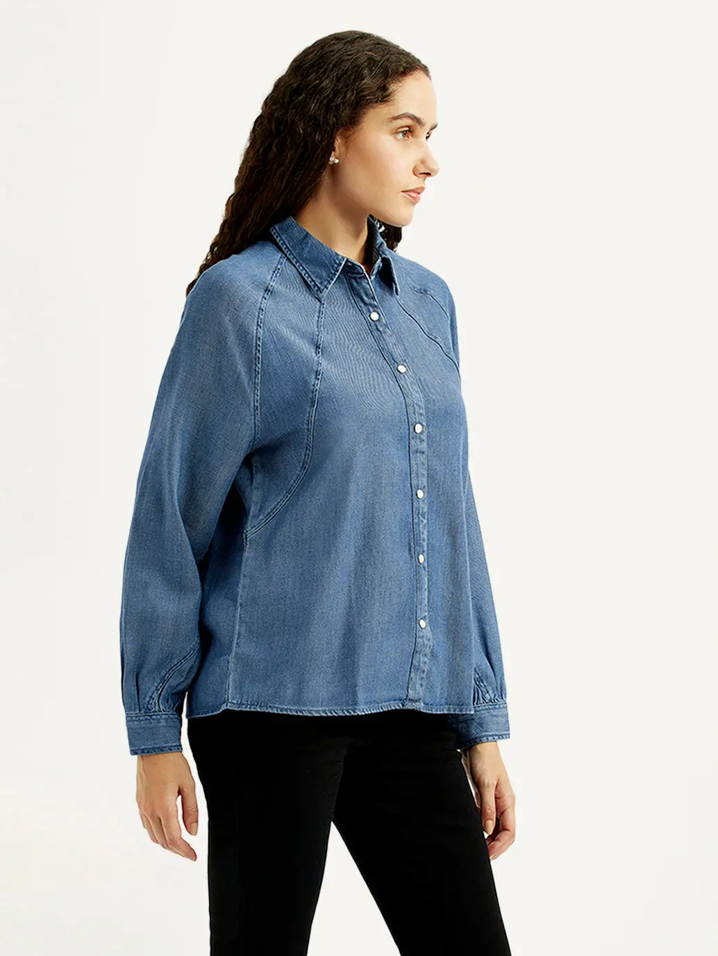 Women's Solid Blue Spread Collar Denim Shirt 5