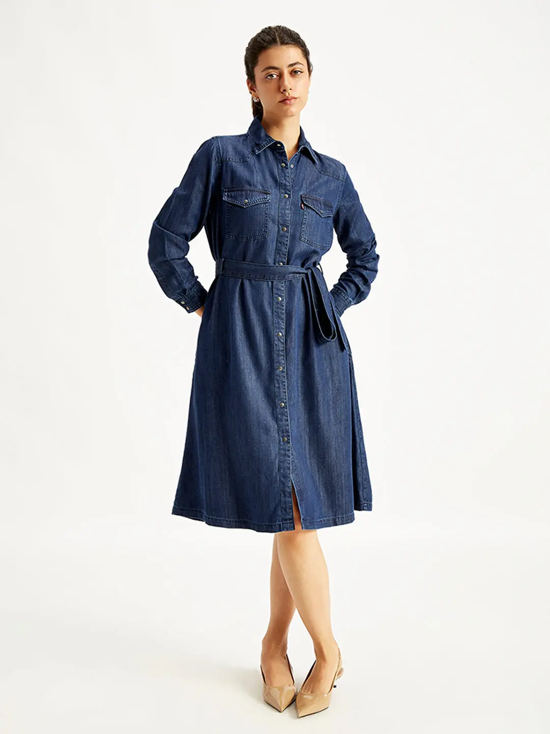 Women's Solid Indigo Spread Collar Shirt Denim Dress 1