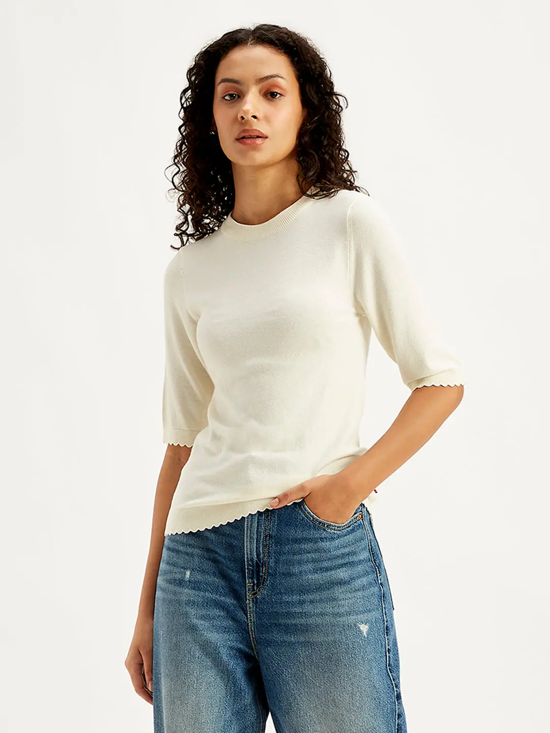 Women's Solid White Crew Neck Sweater 1