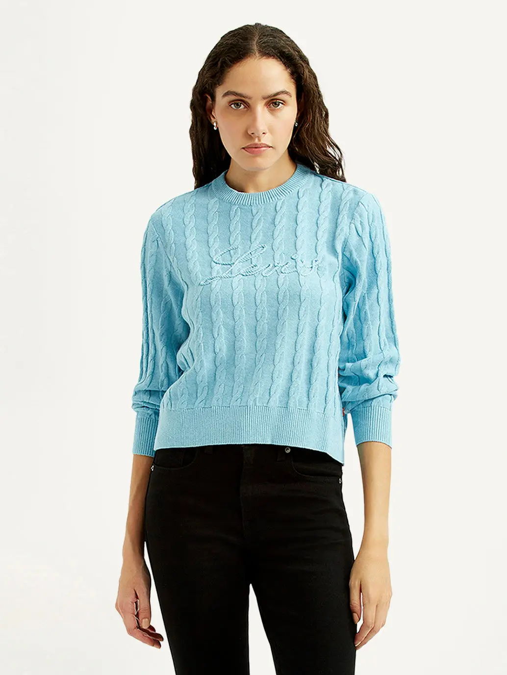 Women's Jacquard Blue Crew Neck Sweater 1