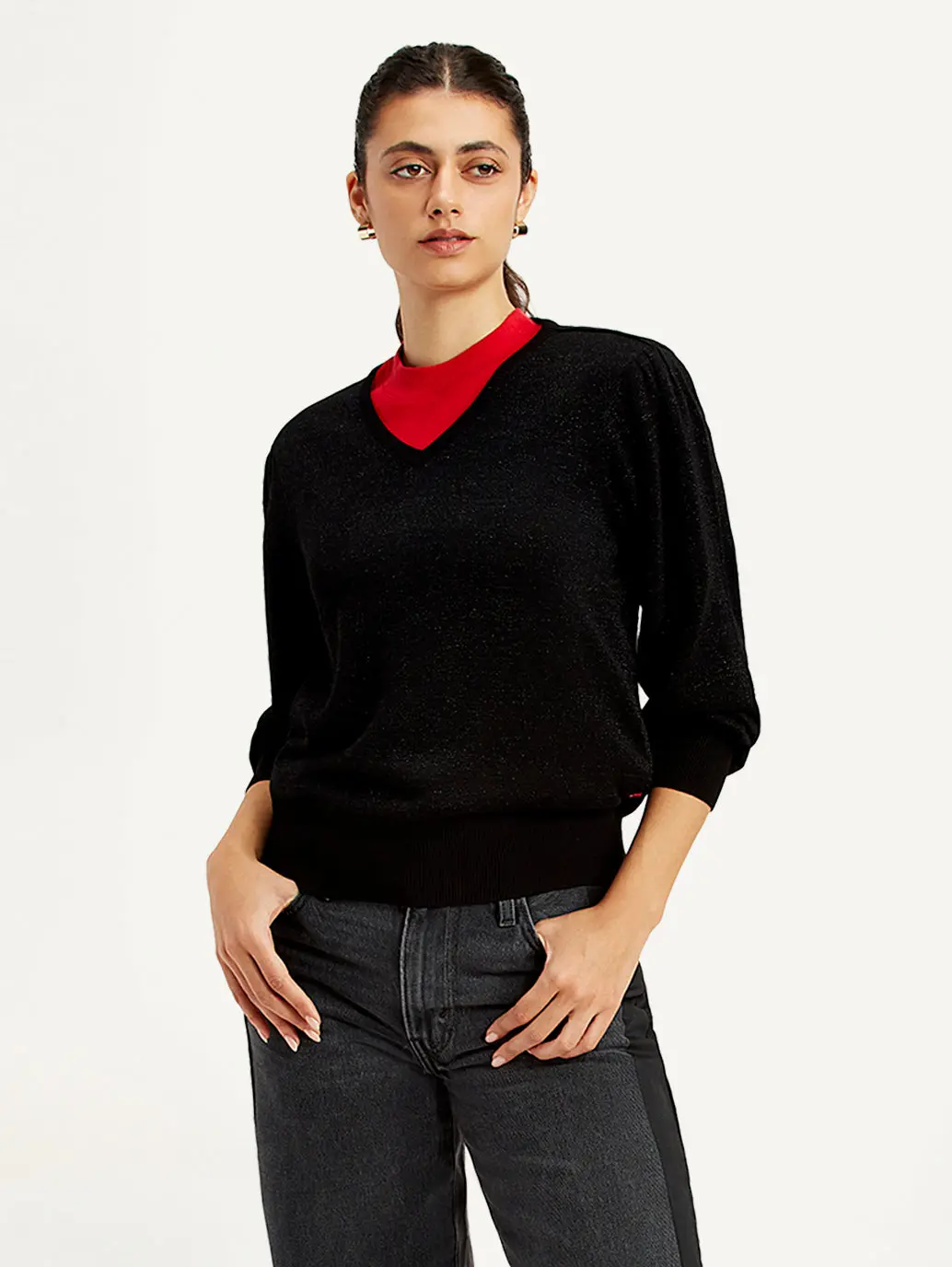 Women's Solid Black V Neck Sweater 1