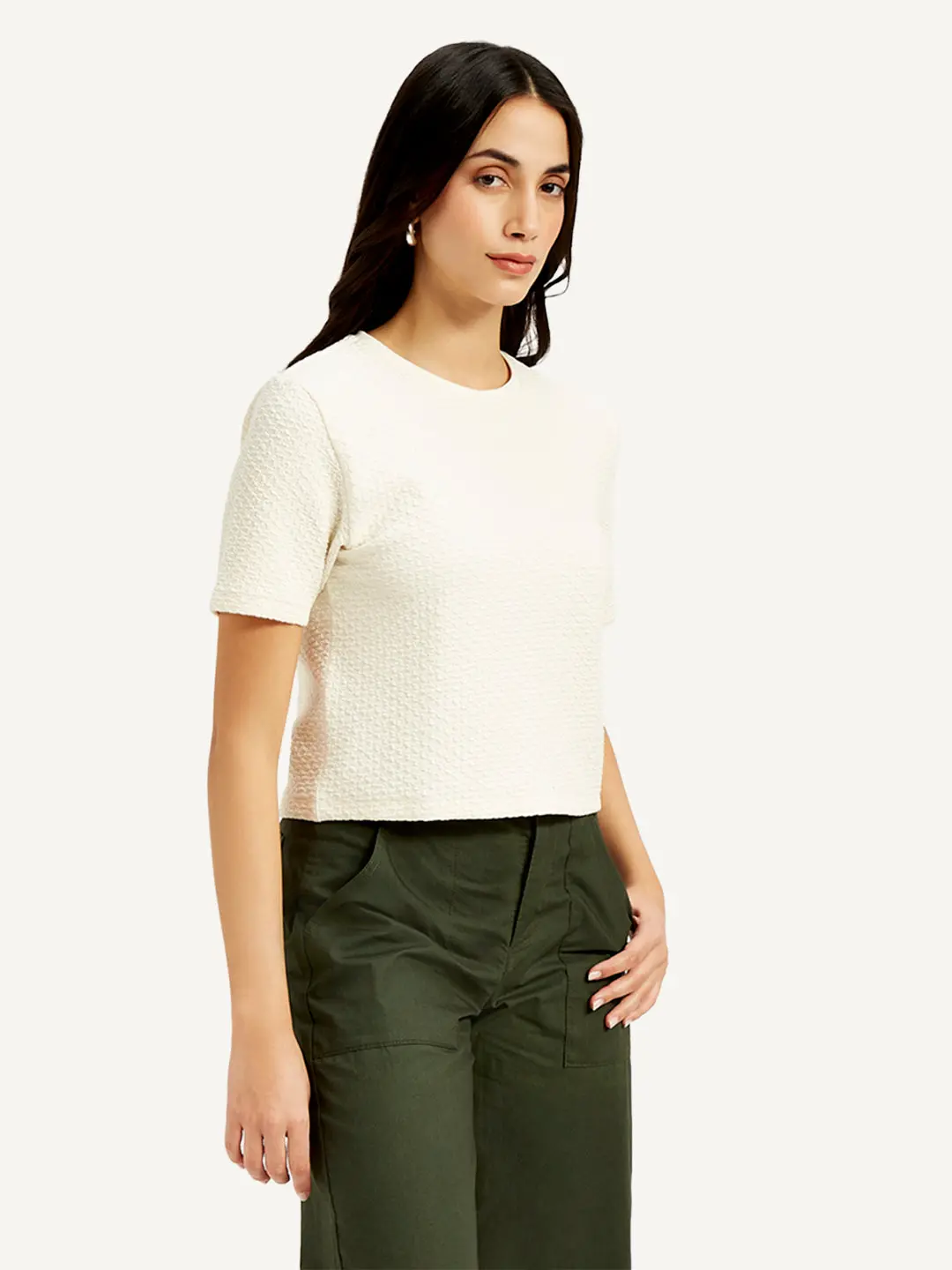 Women's Textured White Crew Neck Top 4