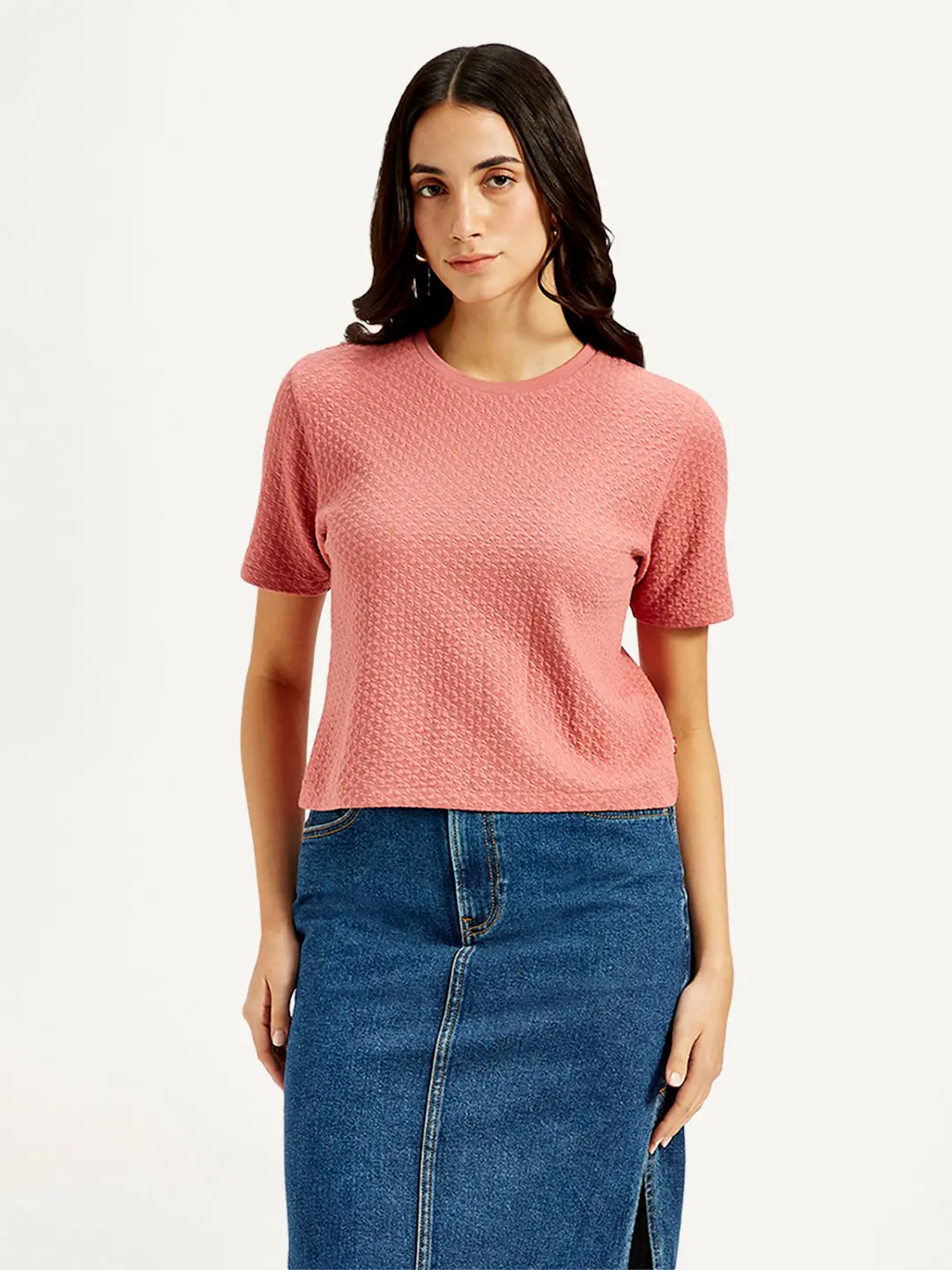 Women's Textured Peach Crew Neck Top 1
