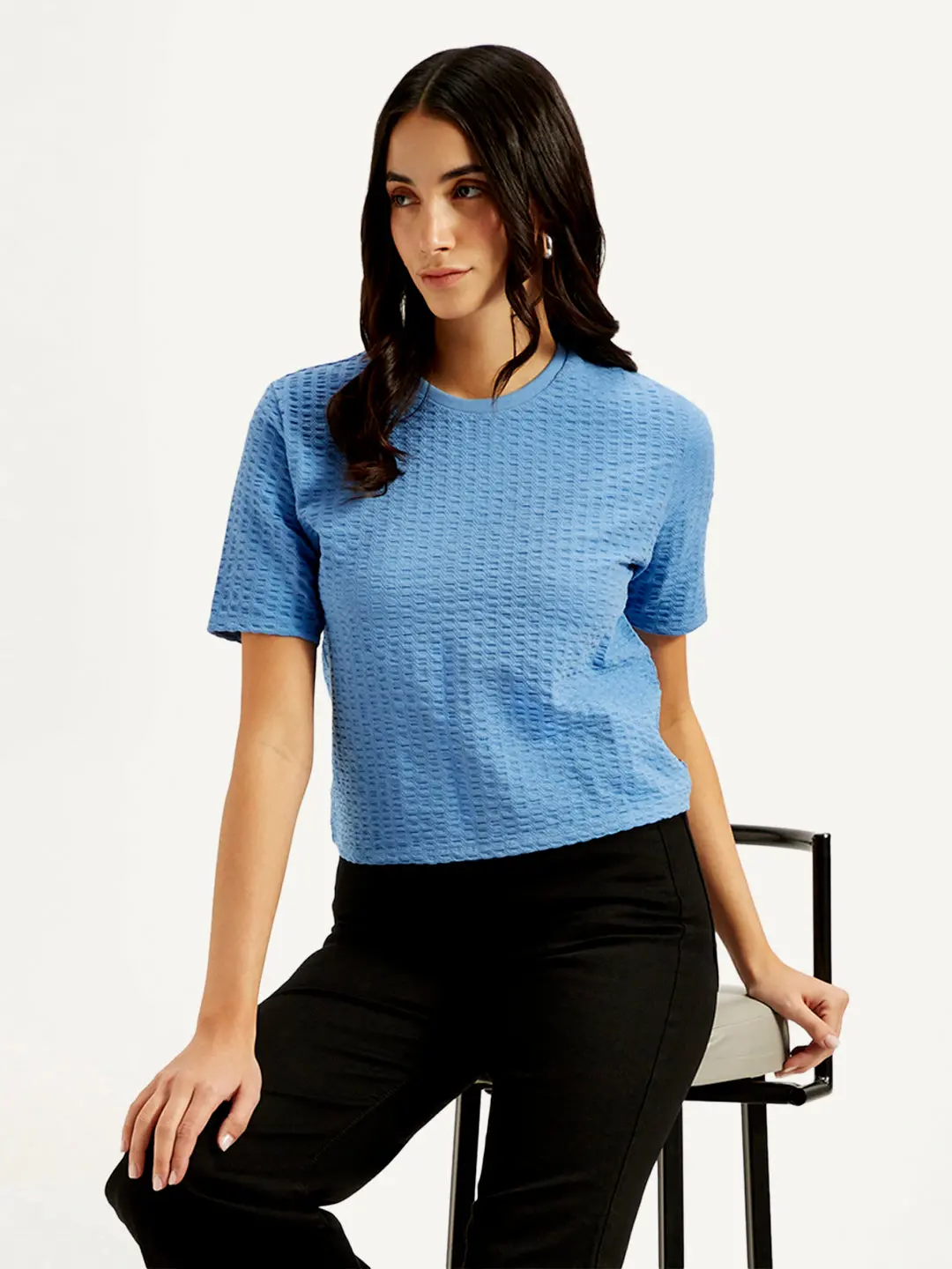 Women's Textured Blue Crew Neck Top 1