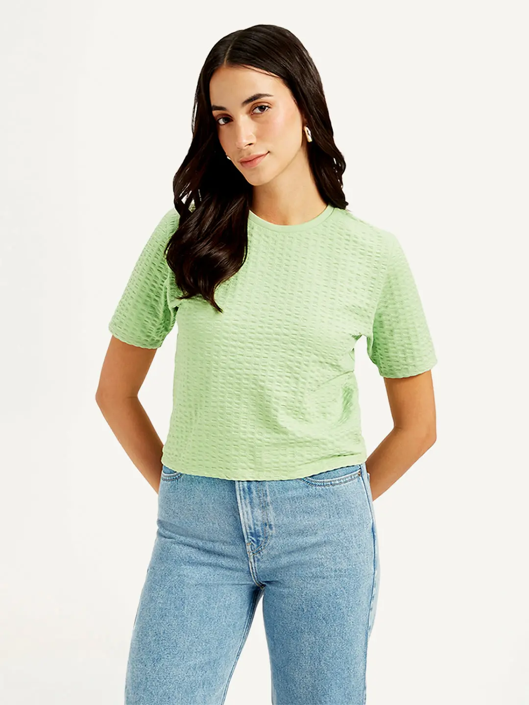 Women's Textured Light-Green Crew Neck Top 1