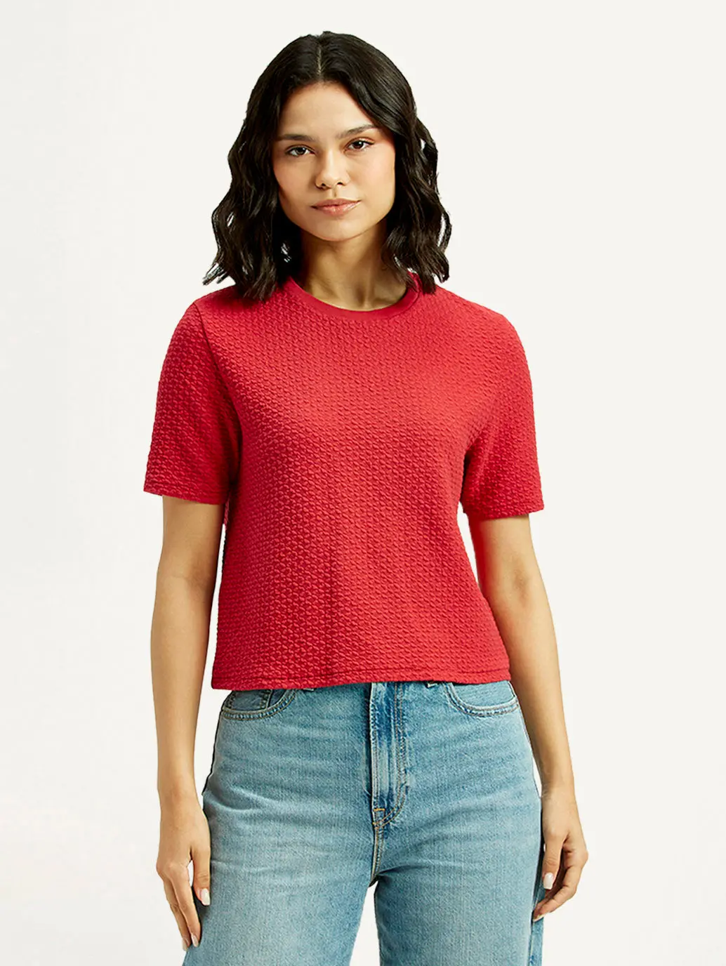 Women's Textured Red Crew Neck Top 1