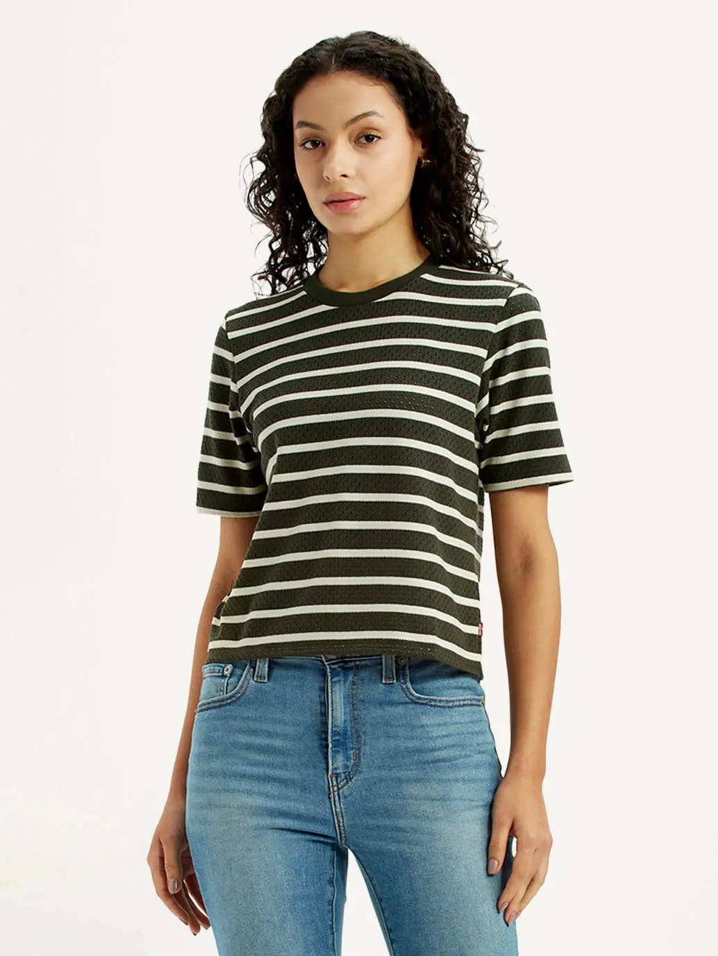 Women's Striped Olive Crew Neck T-Shirt 2