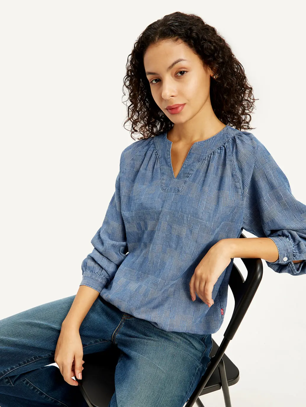 Women's Textured Blue Peasant Top 1