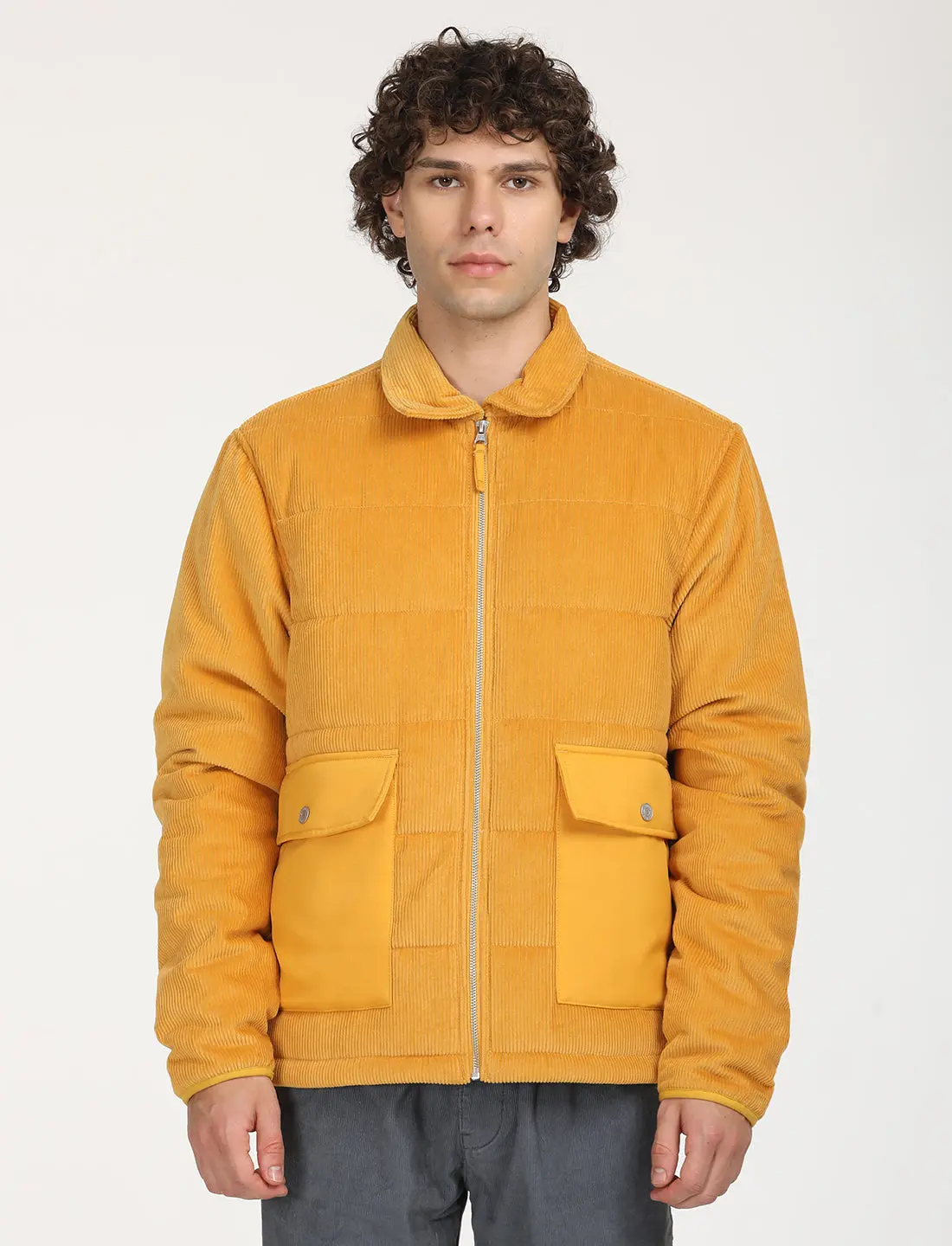 Men's Quilted Yellow Spread Collar Puffer Jacket 1