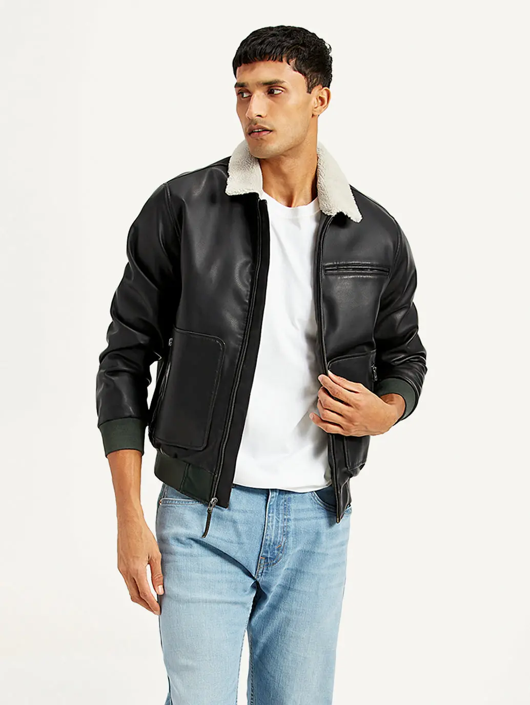 Men's Solid Dark Brown Spread Collar Leather Jacket 1