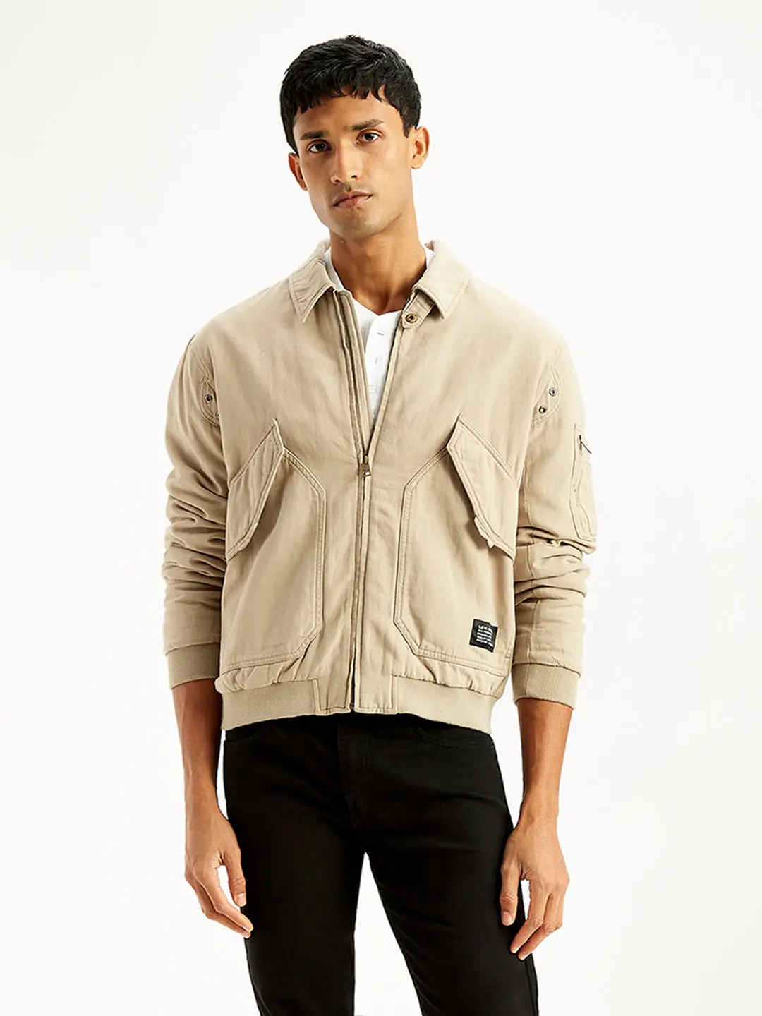 Men's Solid Beige Spread Collar Bomber Jacket 1