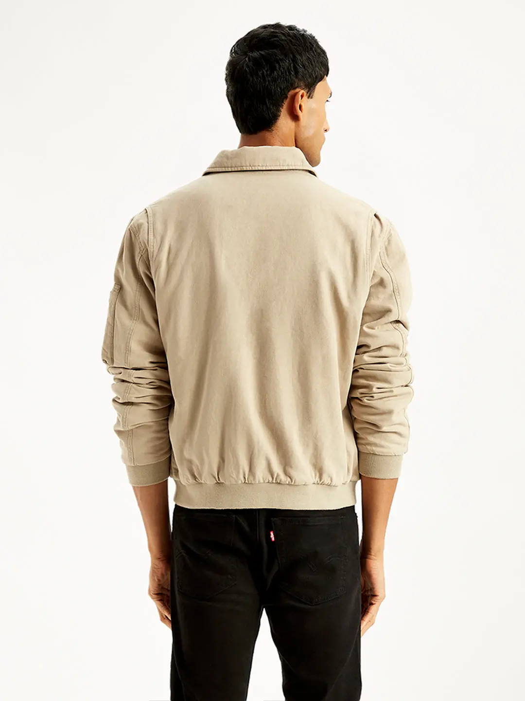 Men's Solid Beige Spread Collar Bomber Jacket 2