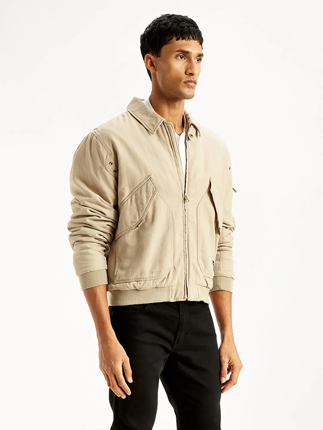 Men's Solid Beige Spread Collar Bomber Jacket 3