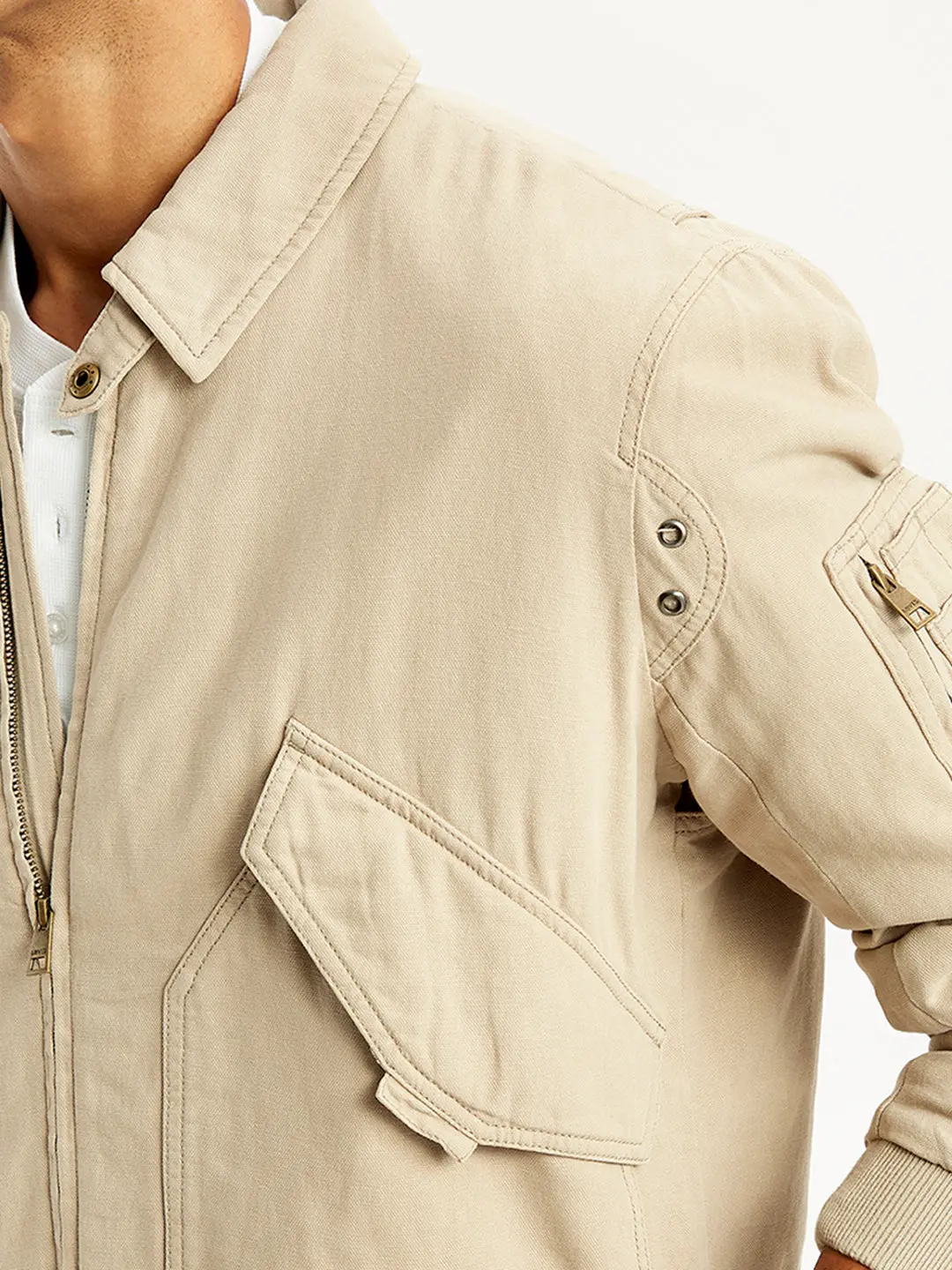 Men's Solid Beige Spread Collar Bomber Jacket 4