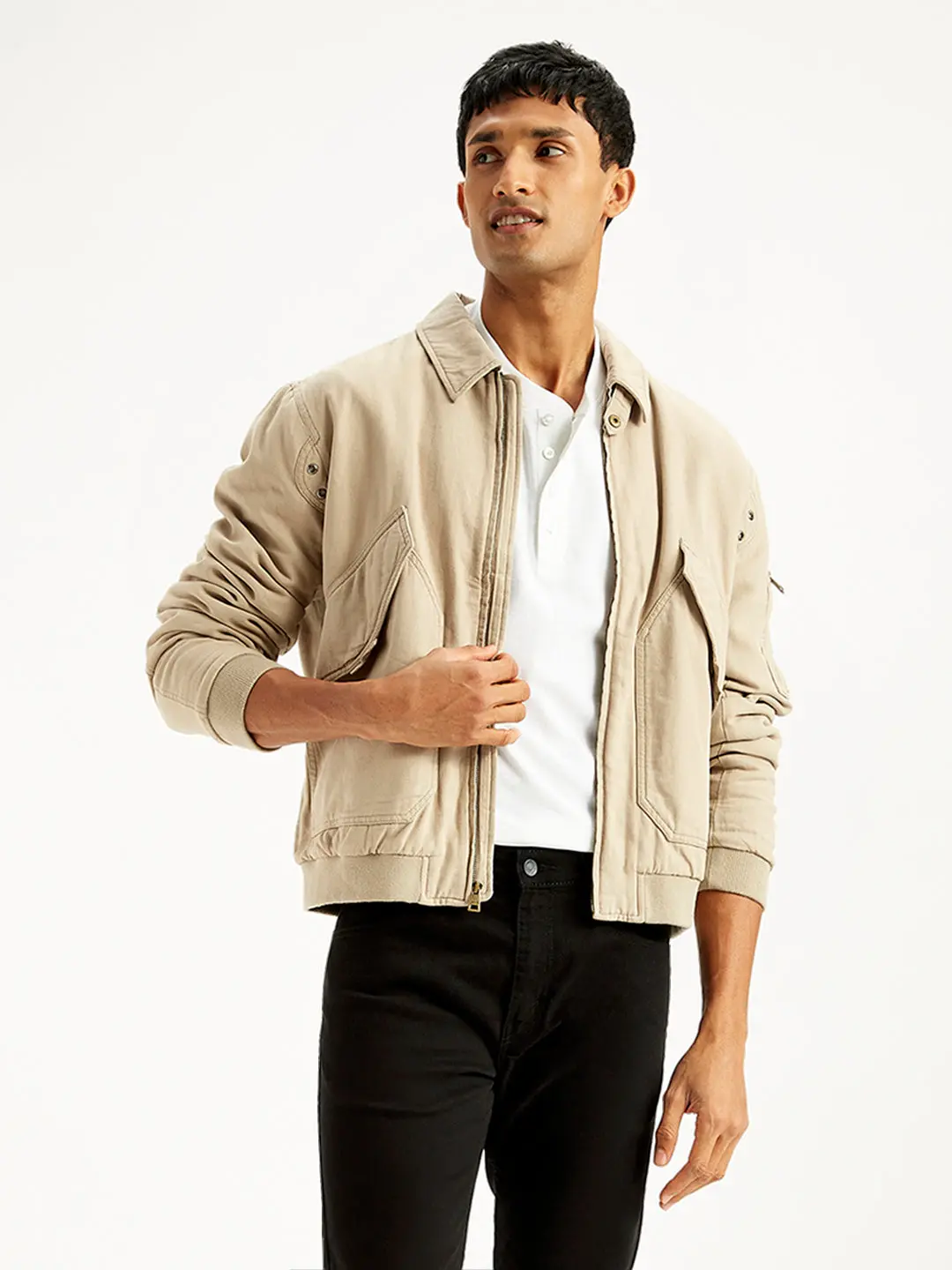 Men's Solid Beige Spread Collar Bomber Jacket 5