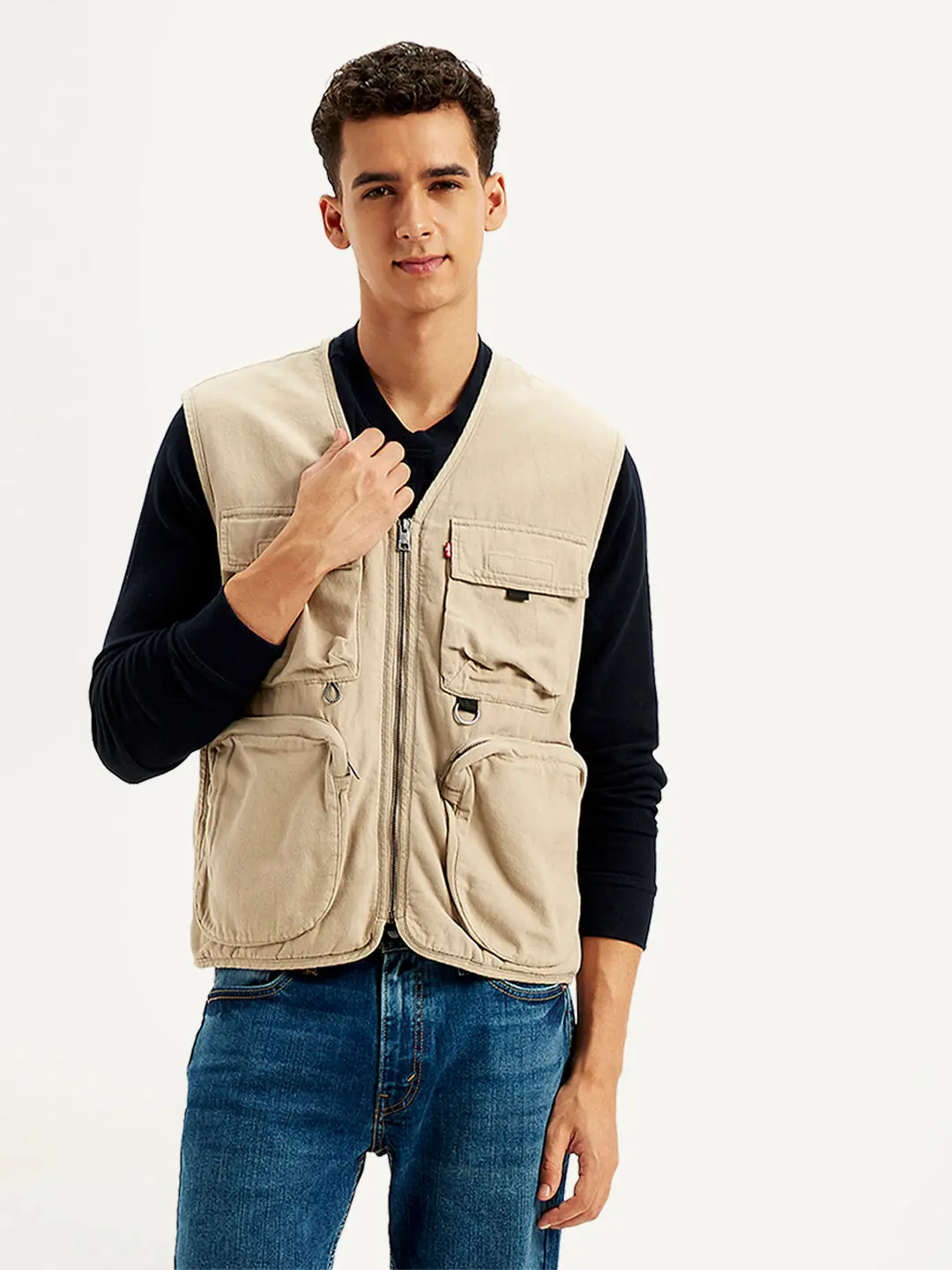 Men's Solid Beige V Neck Jacket 1