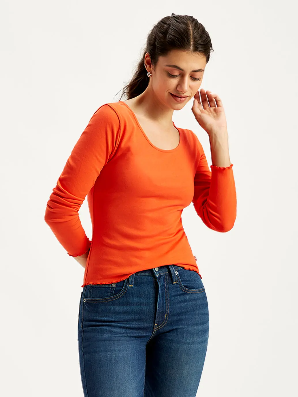 Women's Solid Orange Round Neck Top 1