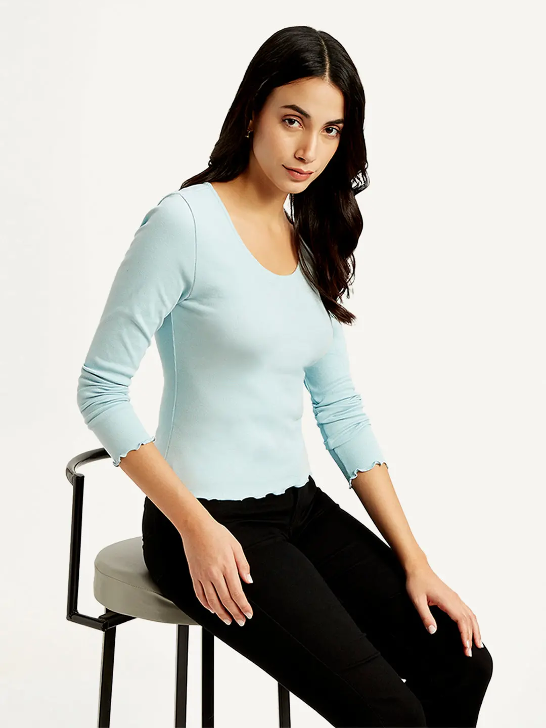 Women's Solid Light Blue Scoop Neck Top 1