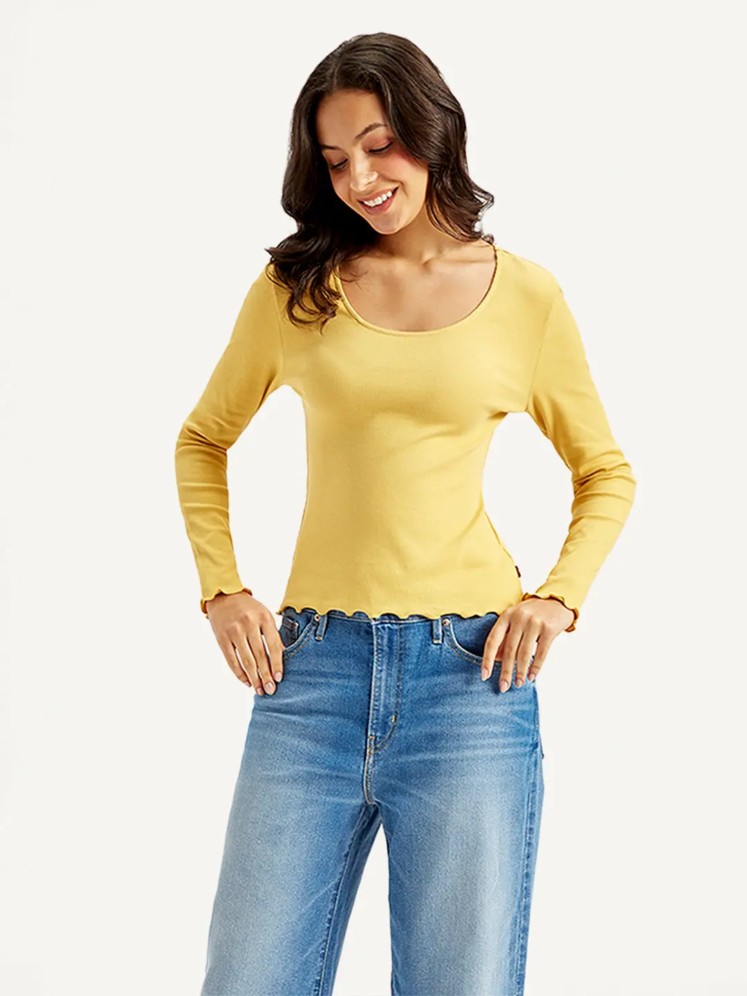 Women's Solid Yellow Scoop Neck Top 1