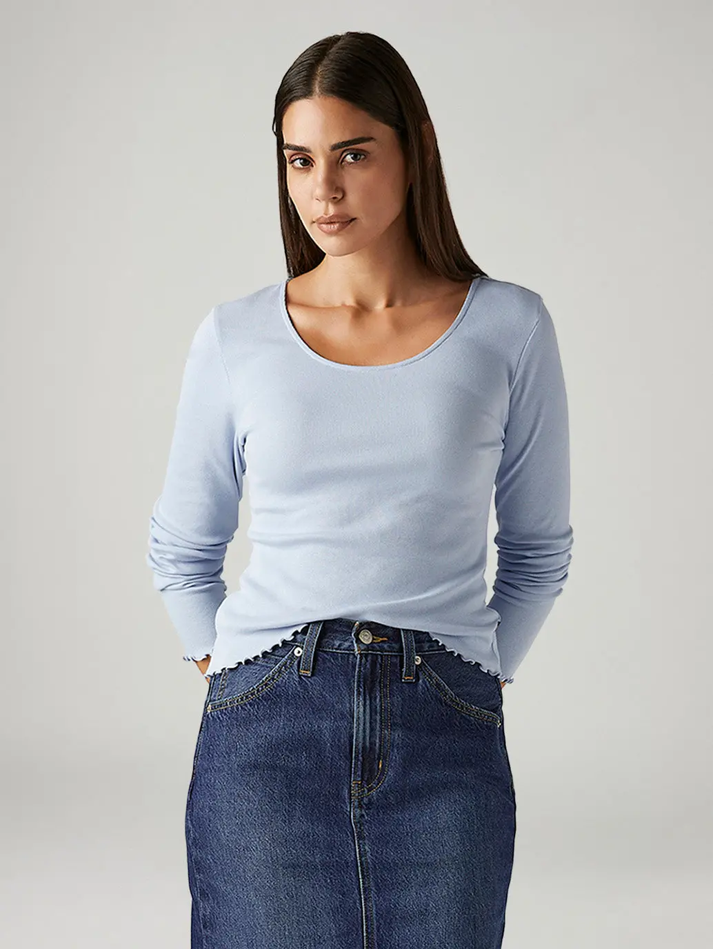 Women's Solid Light Blue Slim Fit Ribbed Top 1