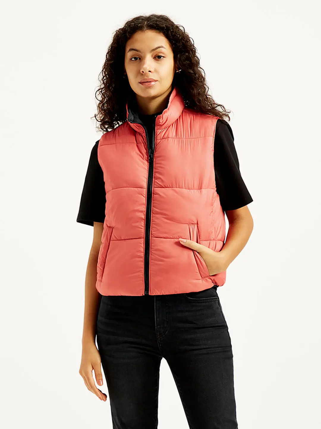 Women's Quilted Peach High Neck Puffer Jacket 4